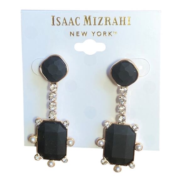 Isaac Mizrahi NWT Gold Plated Faux Pearl Shiny Stones Black Stones Earrings - Picture 4 of 10